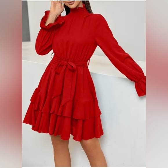 Chic HIGH COLLAR LONG SLEEVE A LINE RUFFLE HEMLINE DRESS SIZE L NWOT - Picture 10 of 11